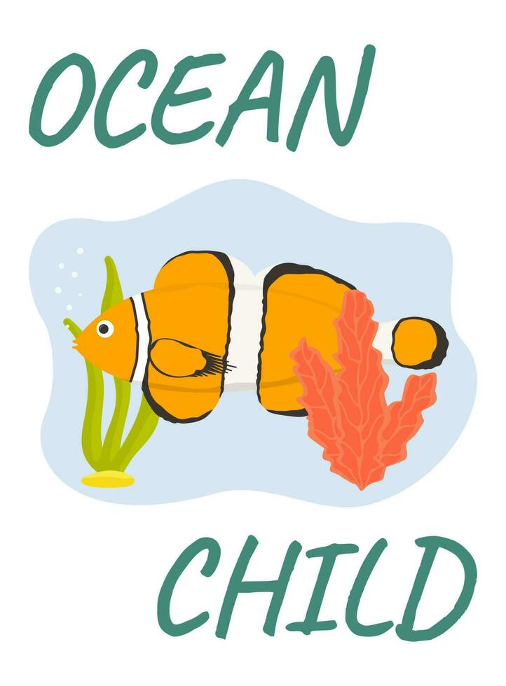 Vector illustration. Summer Ocean Child postcard template with fish.