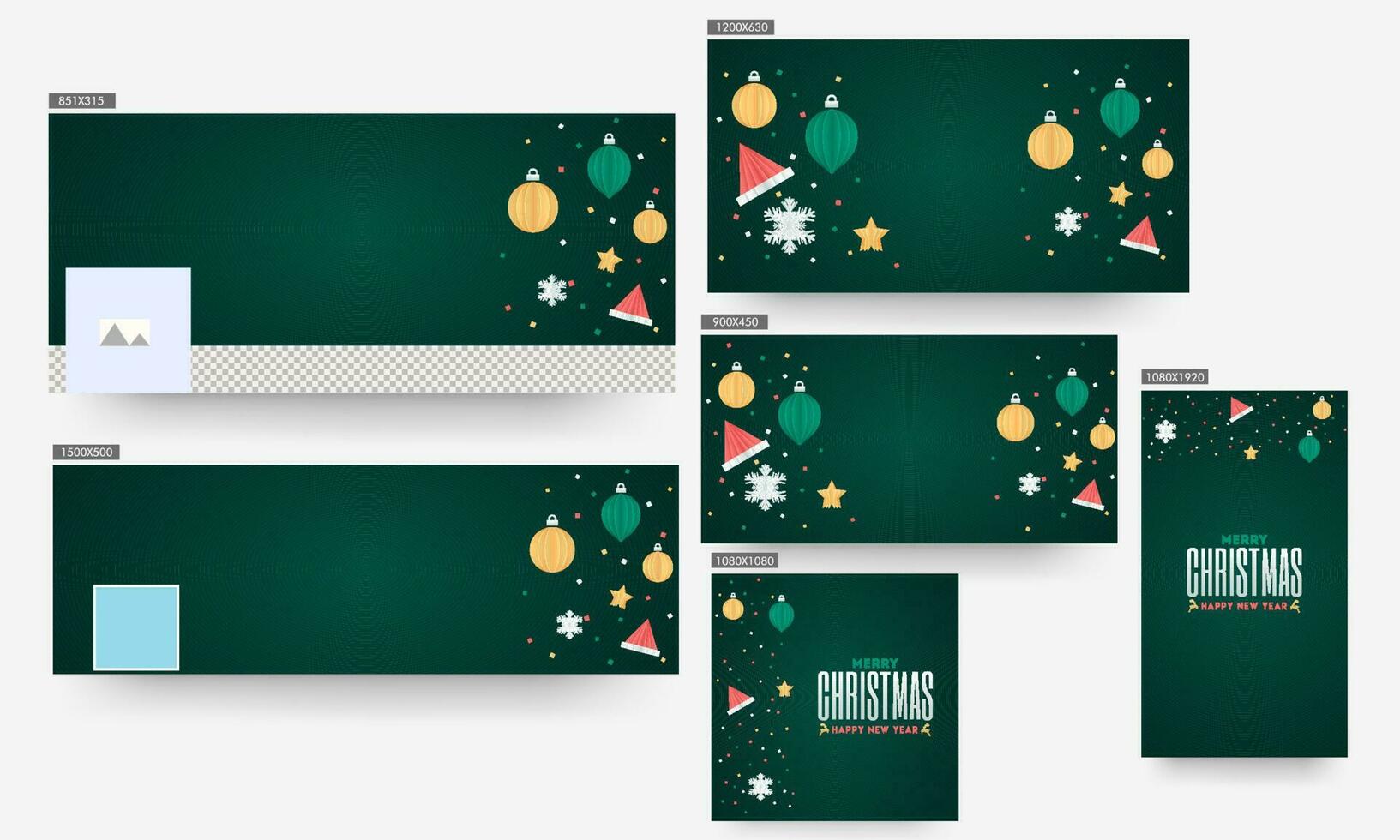 verde encabezamiento o bandera, póster y modelo diseño decorado con origami papel adornos, fiesta sombreros, estrellas y copos de nieve para alegre Navidad y contento nuevo año. vector