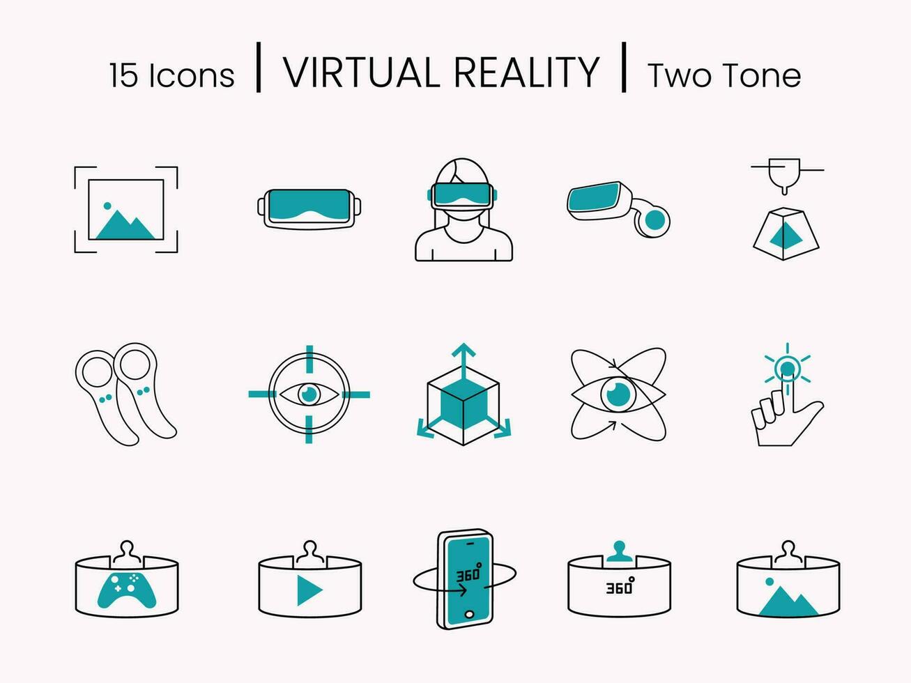 Teal And White Illustration Of Virtual Reality 15 Icon Set On Pale Pink Background. vector
