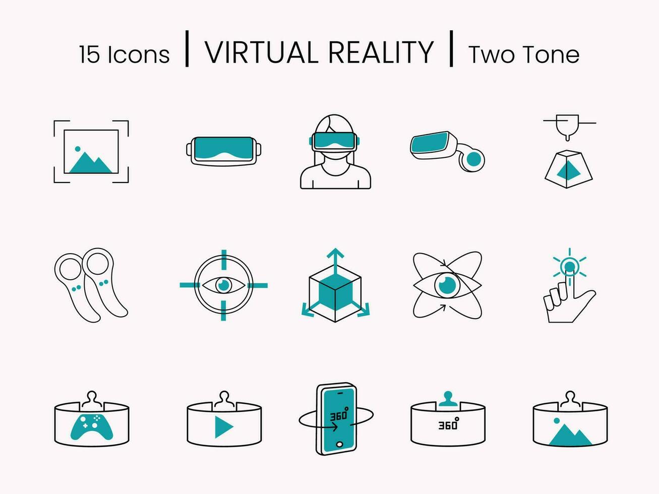 verde azulado y blanco ilustración de virtual realidad 15 icono conjunto en pálido rosado antecedentes. vector