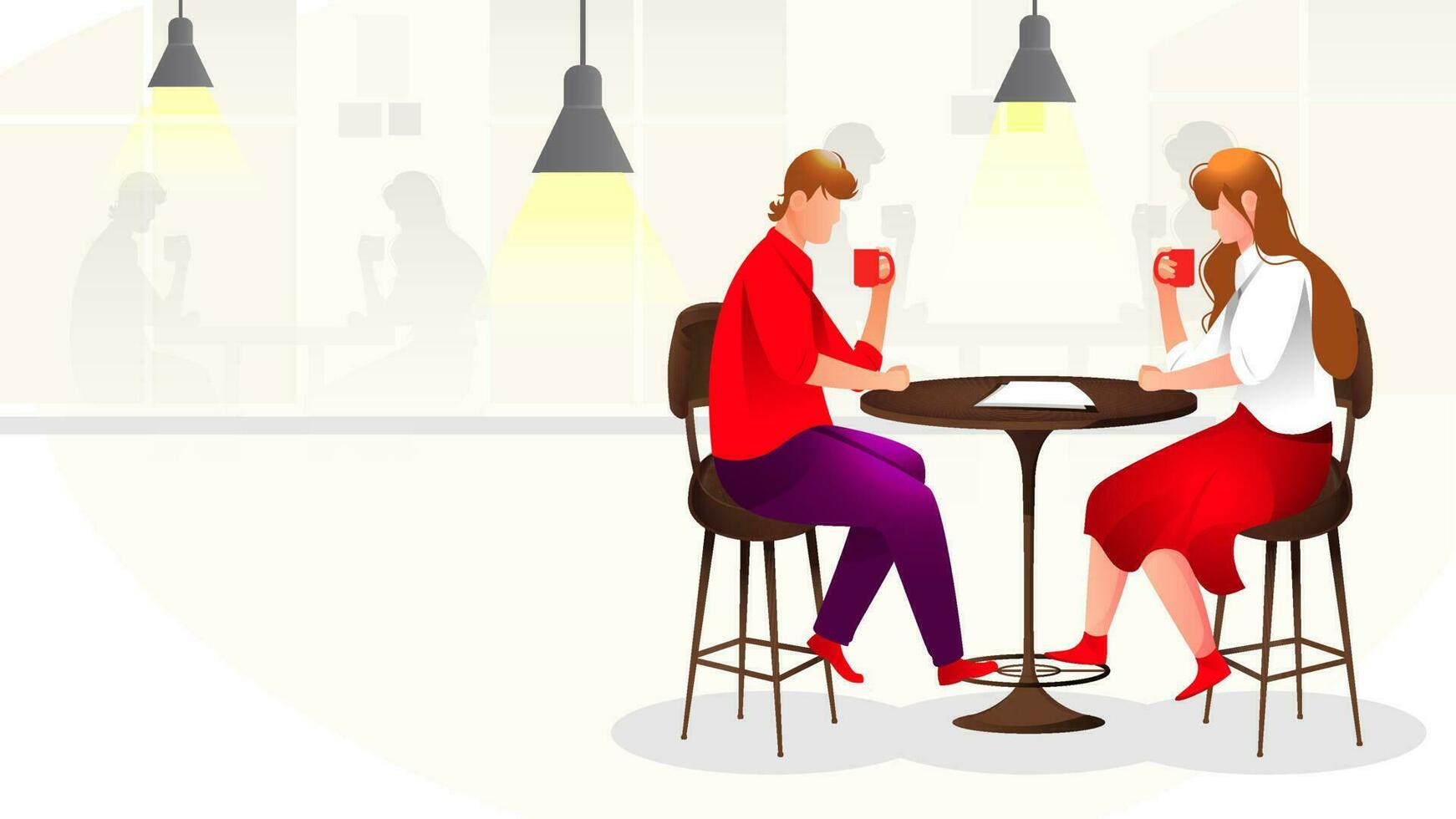 Young boy and girl drinking coffee at restaurant table. Can be used as banner or poster design. vector