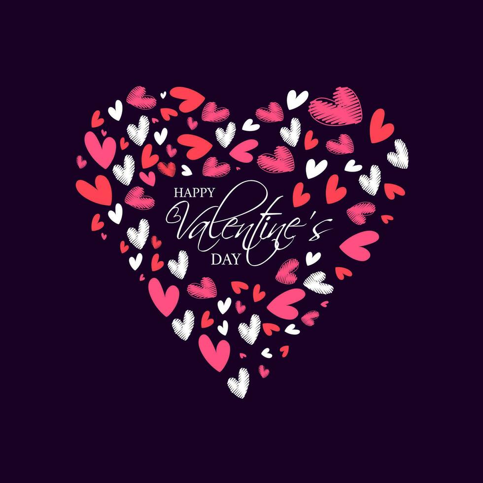 Happy Valentine's Day Text in Heart Shape made by Tiny Hearts on Purple Background. vector
