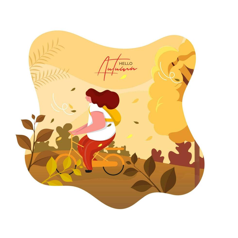 Vector illustration of woman riding bicycle on forest background for Hello Autumn poster or banner design.
