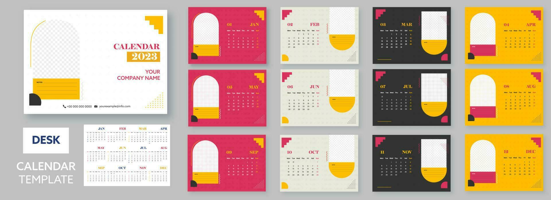 2 Formats Complete Set Of 12 Month, 2023 Desk Calendar Template Layout With Space For Image Or Text In Colorful. vector