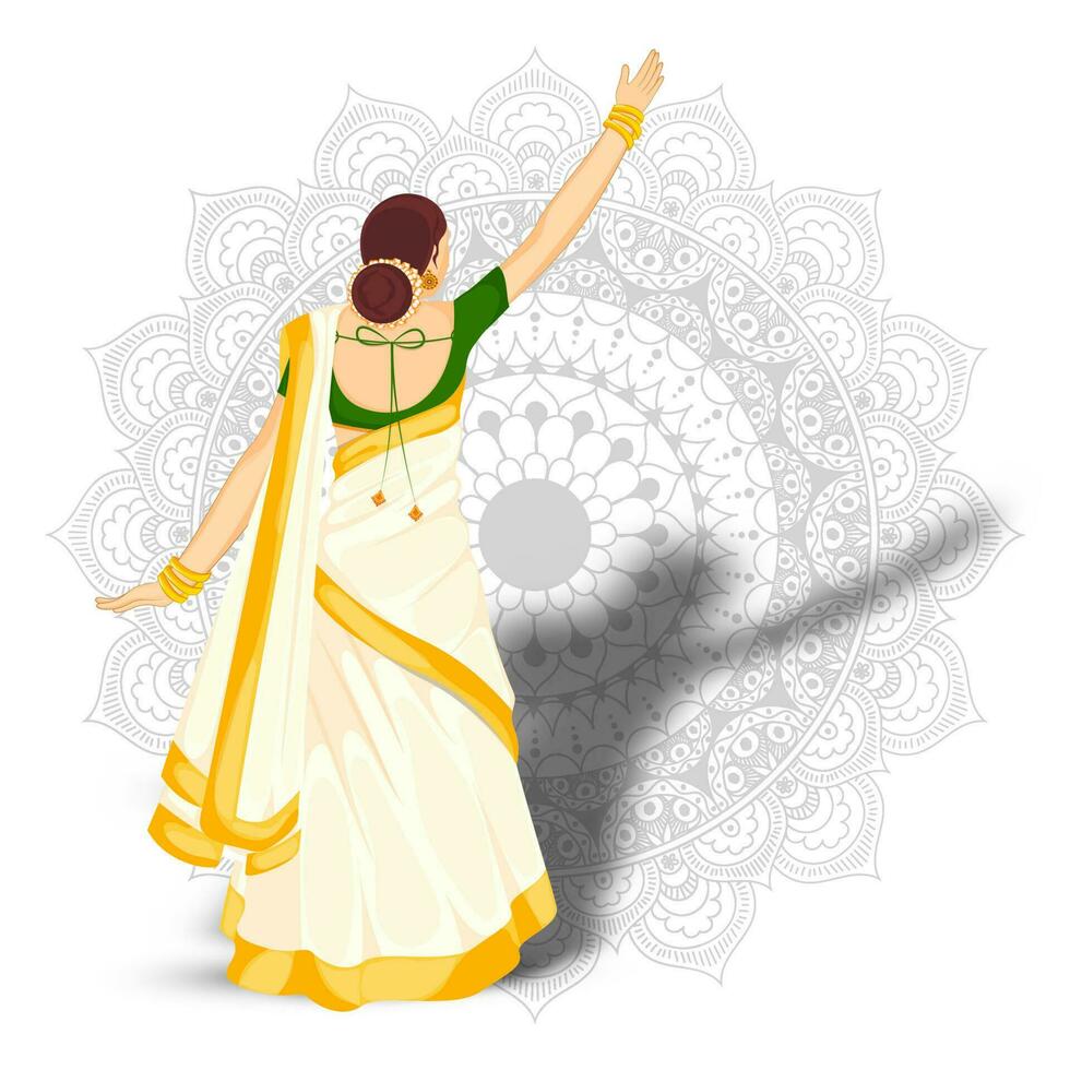 espalda ver de indio mujer en pie en elegante actitud en mandala modelo antecedentes. vector