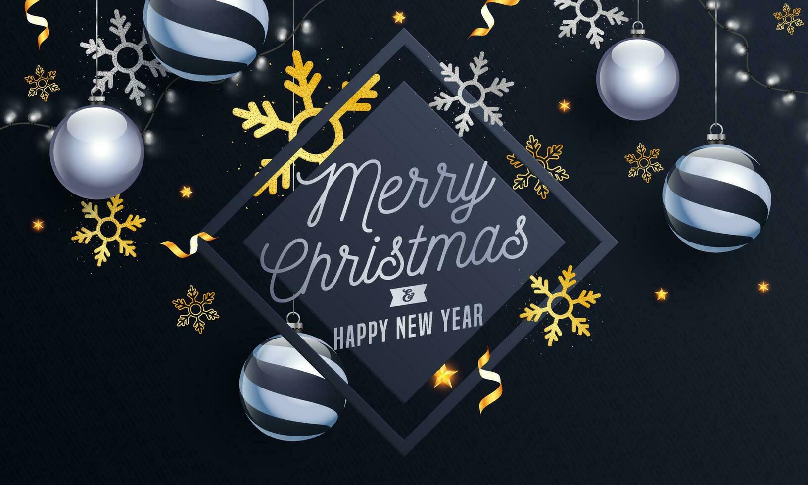 Merry Christmas and Happy New Year text with hanging baubles, snowflakes and lighting garland decorated on grey background. vector