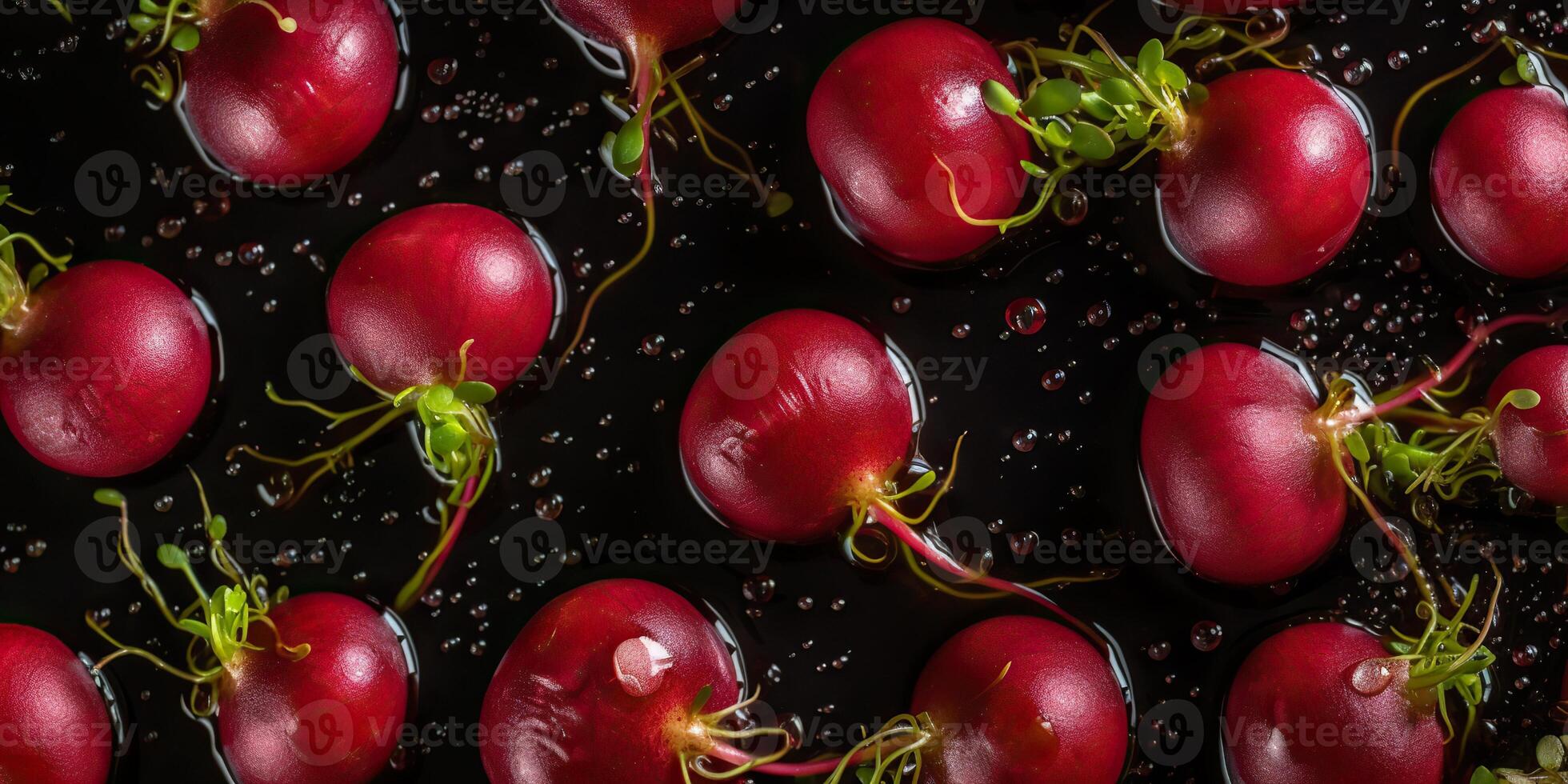 . . Photo realistic shot illustration of germinated beet sprouts pattern background. Eco healthy organic lifestyle vibe. Graphic Art