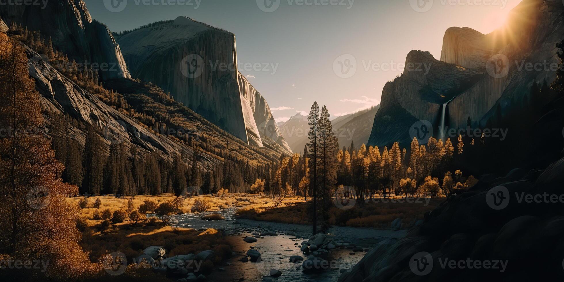 . . Photo realistic illustration of usa american Yosemite national park in the evening morning. Adventure explore vibe. Graphic Art