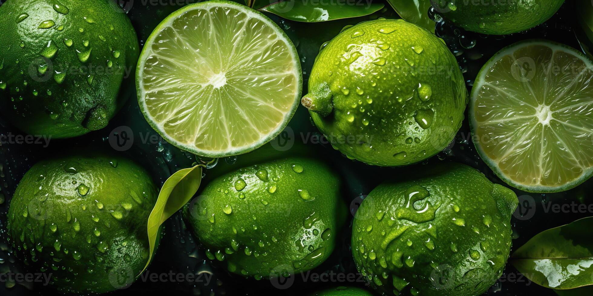 . . Macro shot photography of slices limes green tropical fruits. Graphic Art photo