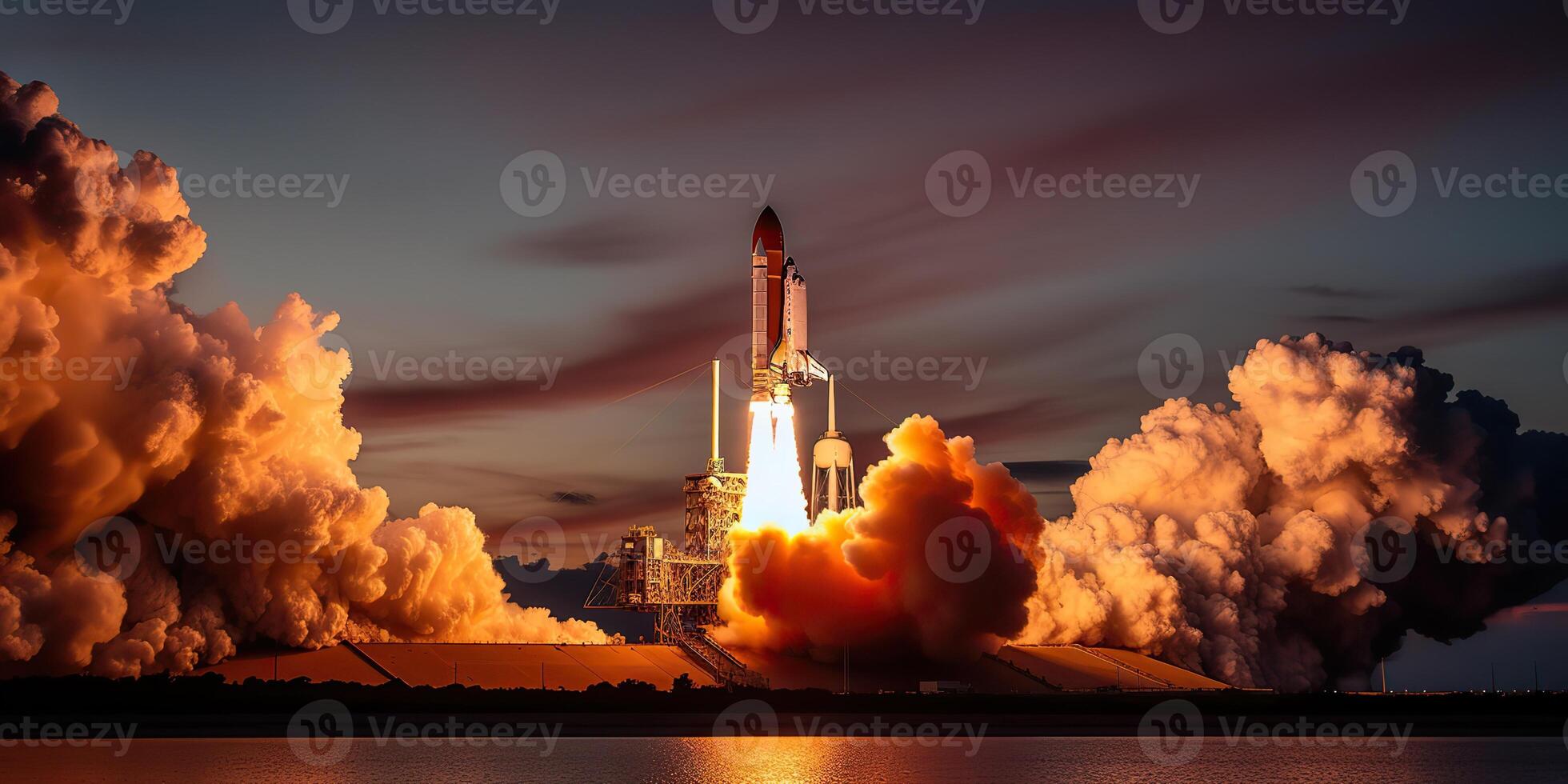 . . Photo realistic illustration of rocket shutle ship nasa launching. Adventure space travel explore vibe. Graphic Art