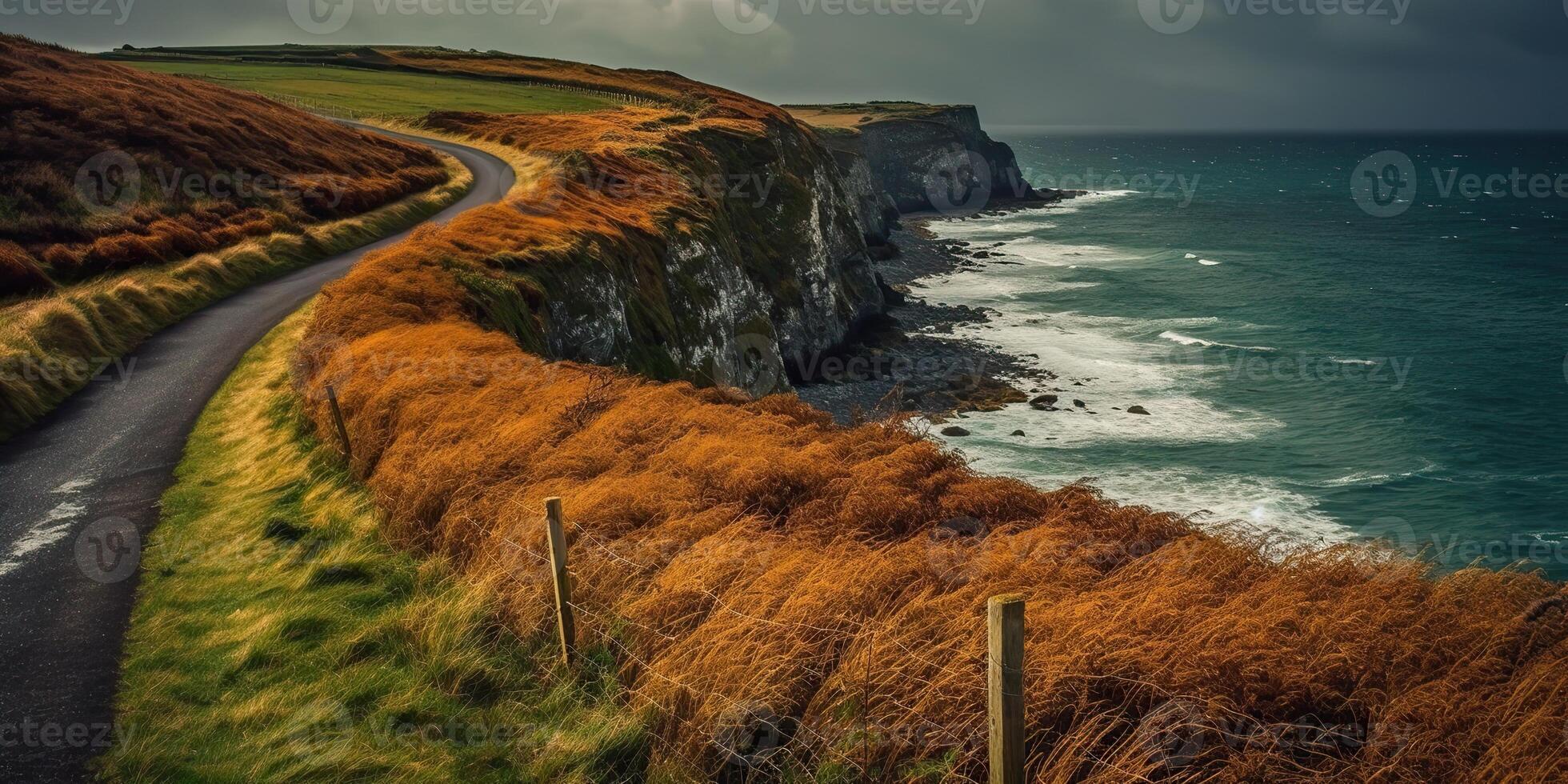 . . Photo realistis photography illustration of coastline irish road travel. Mountaines explore adventure trip vibe. Graphic Art