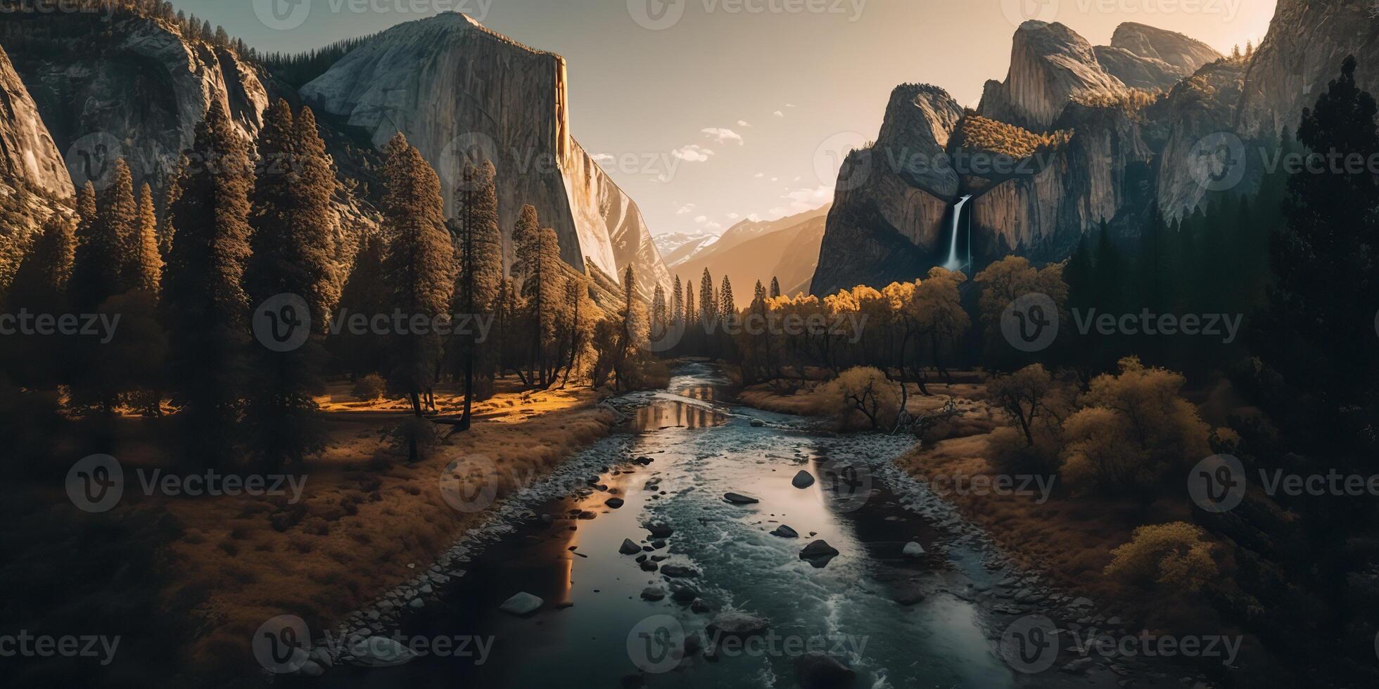 . . Photo realistic illustration of usa american Yosemite national park in the evening morning. Adventure explore vibe. Graphic Art