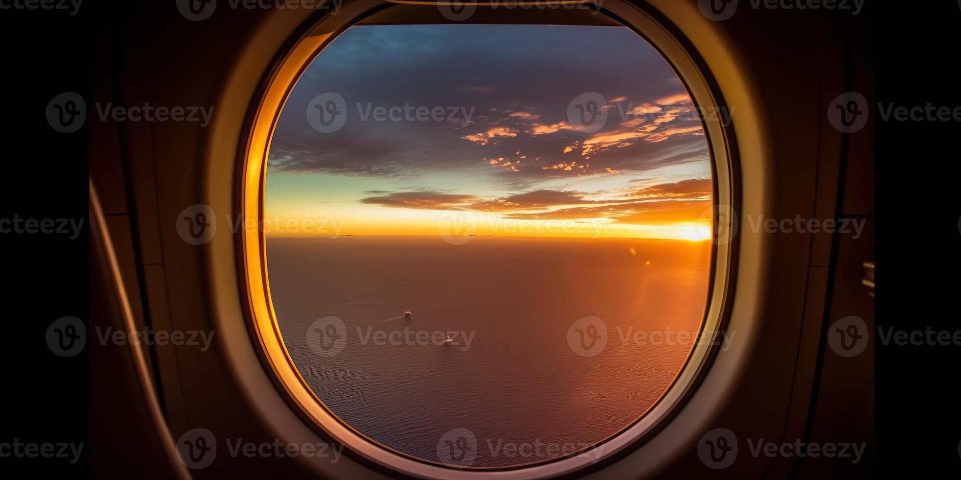 . . Photo realistic illustration of clouds above sky up in the air view through the air plane aircraft window. Adventure travel vacation vibe. Graphic Art