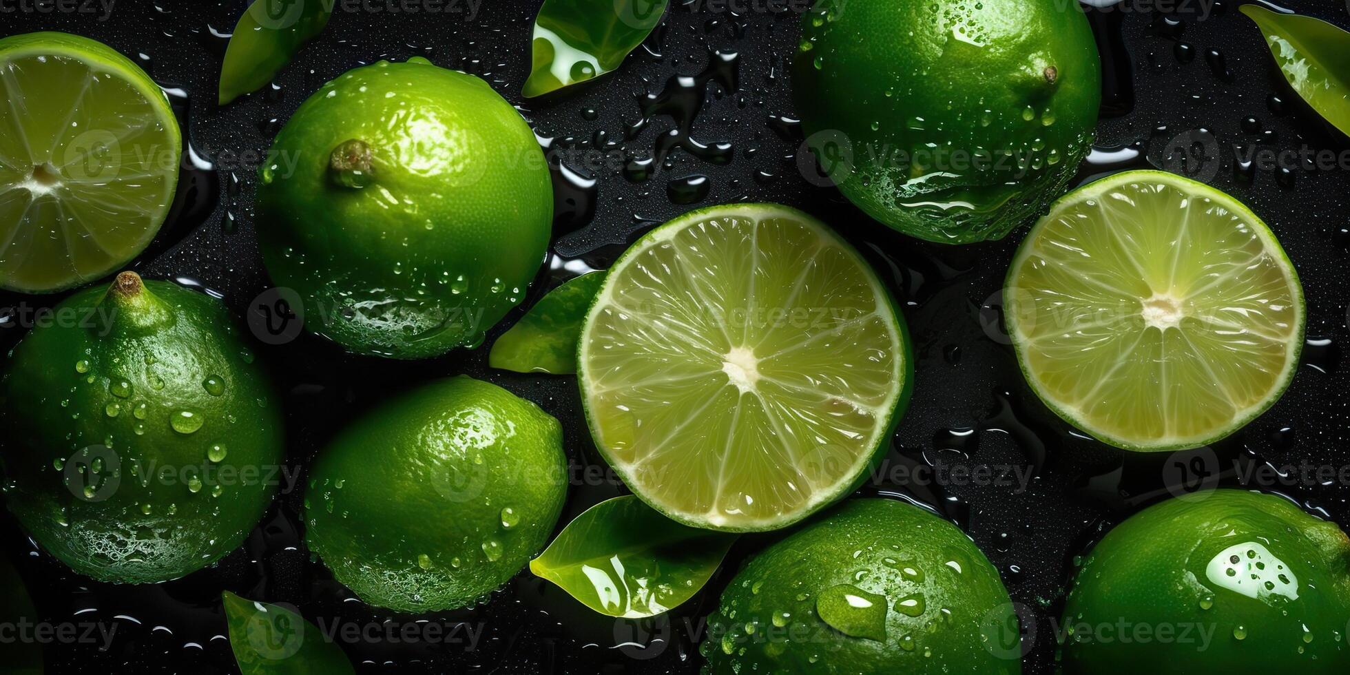. . Macro shot photography of slices limes green tropical fruits. Graphic Art photo