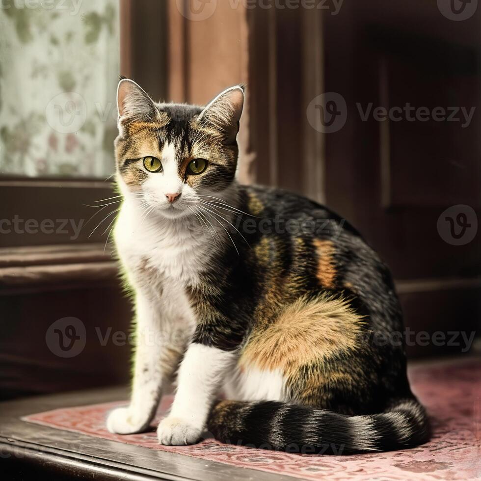 . . 1910s vintage retro coloured photo realistic photography illustration. Pen animal kitty cat relax vibe. Graphic Art