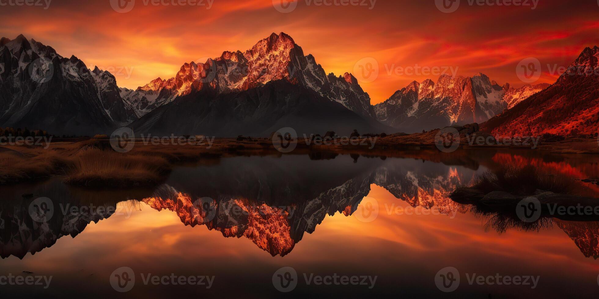 . . Beautiful illustratration photo or mountain lake sunset. Adventure calm vibe. Graphic Art