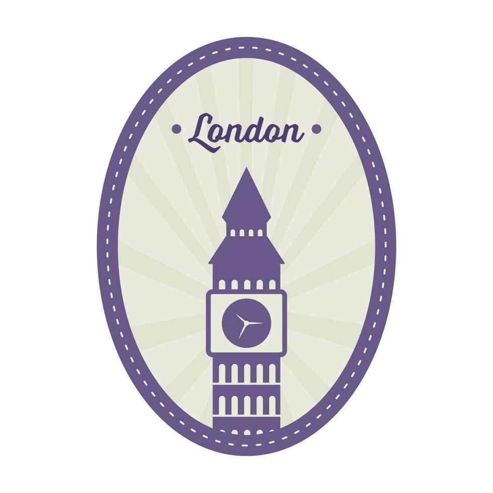 Violet And Grey Big Ben With Rays On Oval Background For London Sticker Or Stamp Design. vector