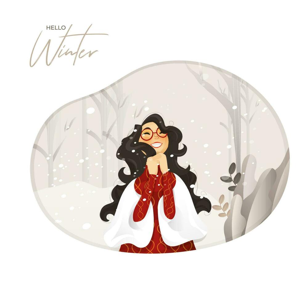 Hello Winter poster or template design with cheerful woman enjoying snowfall on nature view background. vector