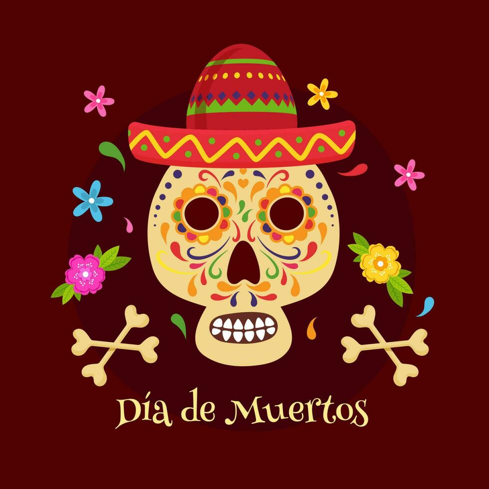 Dia De Muertos poster or template design with illustration of skull or calavera wearing sombrero hat and flowers decorated on burgundy color background. vector