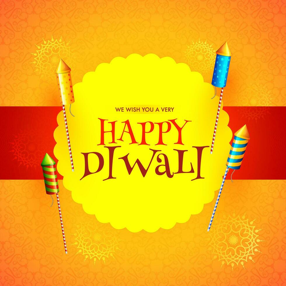 Happy Diwali festival message card or poster design with rocket fireworks on orange floral pattern background. vector