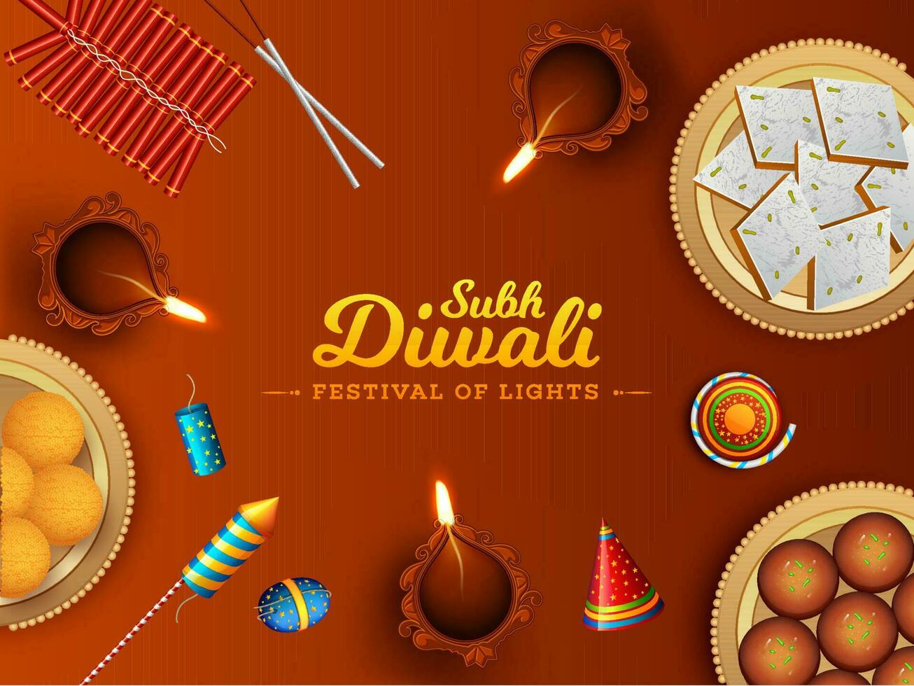 Top view of sweets with firecrackers and illuminated oil lamp decorated on brown background for Festival of Lights, Subh Diwali celebration concept. vector