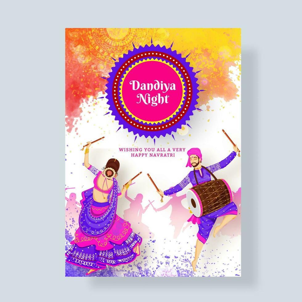 Vector illustration of woman dancing with dandiya stick and drummer man for Dandiya Night invitation card design with text message Wishing You All A Very Happy Navratri.