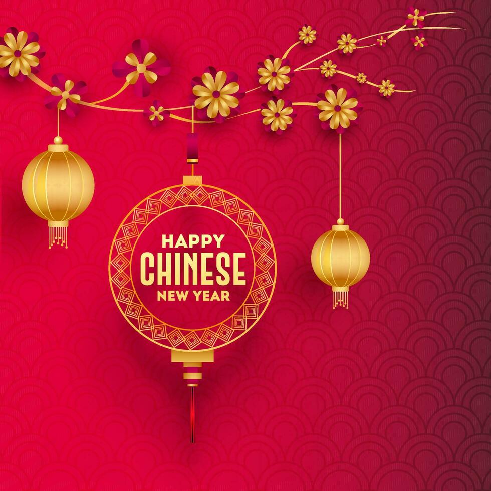 Golden Happy Chinese New Year Text in hanging Circular Ornament with Lanterns and Paper Cut Flower Branch on Pink Circular Wave Pattern Background. vector