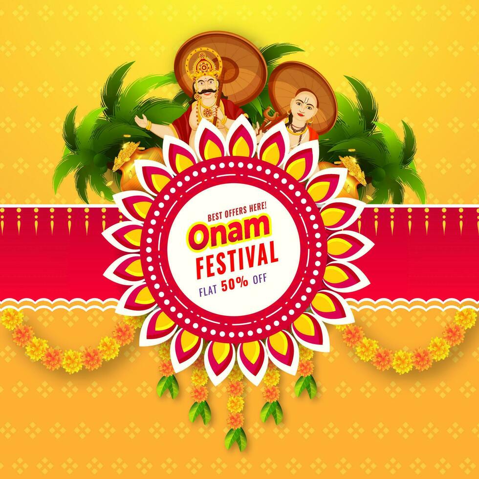 Onam Festival Sale poster or template design with discount offer, illustration of King Mahabali and Vamana on yellow and red background decorated with flower garland. vector