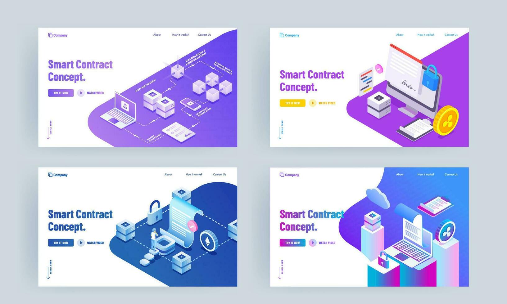 inteligente contrato concepto establecido aterrizaje página diseño con diferente plataformas en cuatro opción. vector