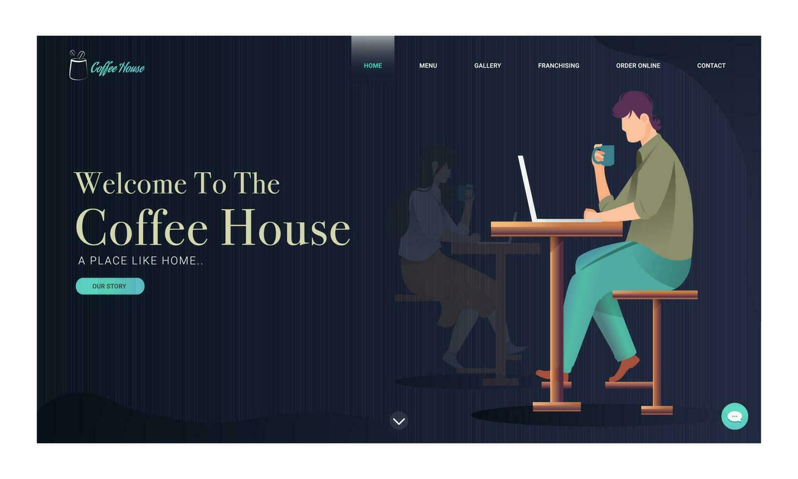 café casa aterrizaje página diseño con joven chico y niña trabajando en ordenador portátil con Bebiendo café. vector