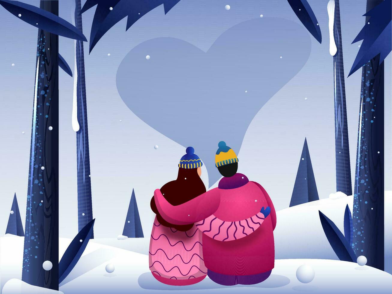 espalda ver de amoroso Pareja personaje sentado en nieve naturaleza ver antecedentes. lata ser usado como bandera o póster diseño. vector