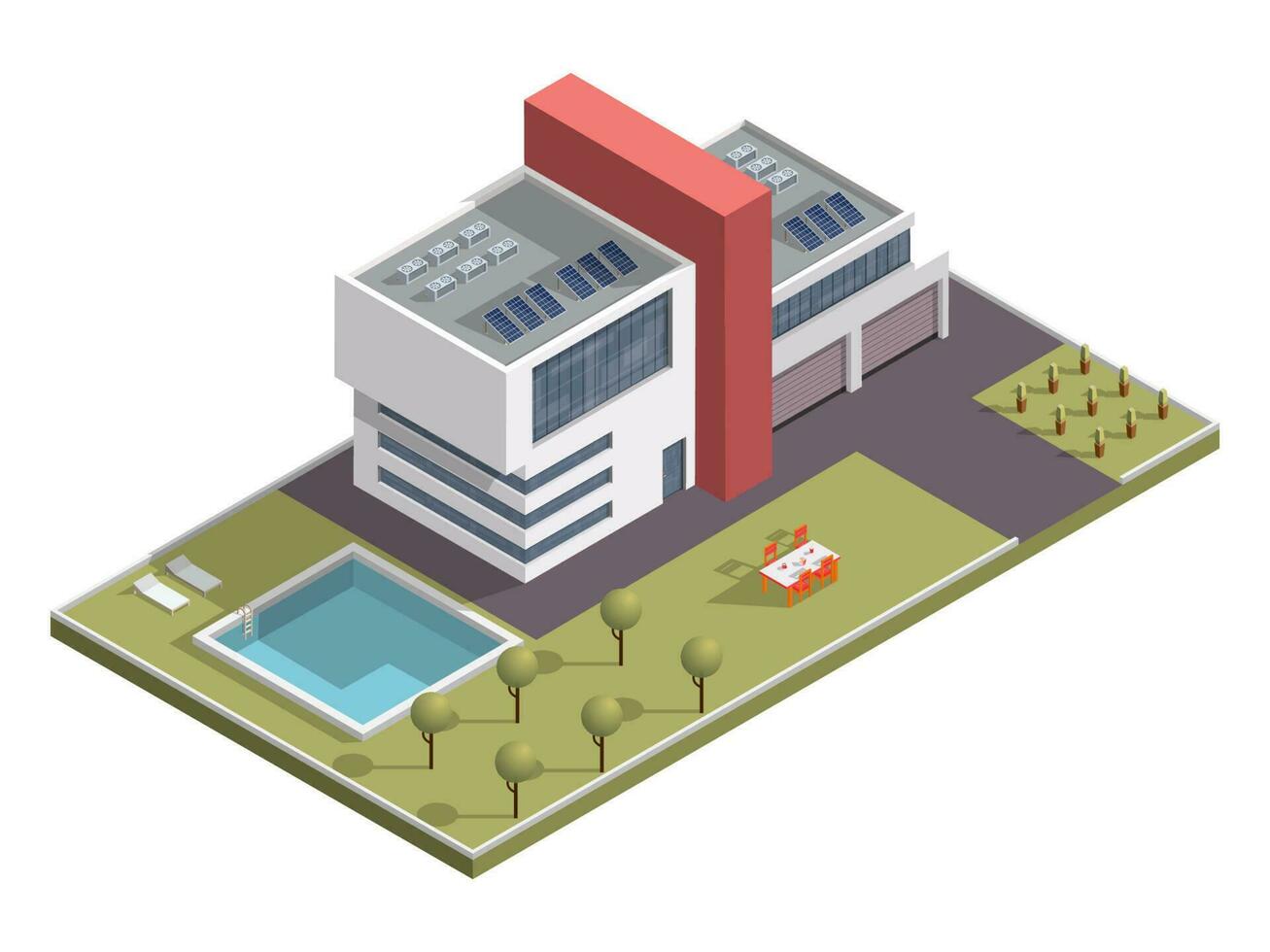 isométrica edificio con nadando piscina y comida mesa a lo largo jardín yarda antecedentes. vector