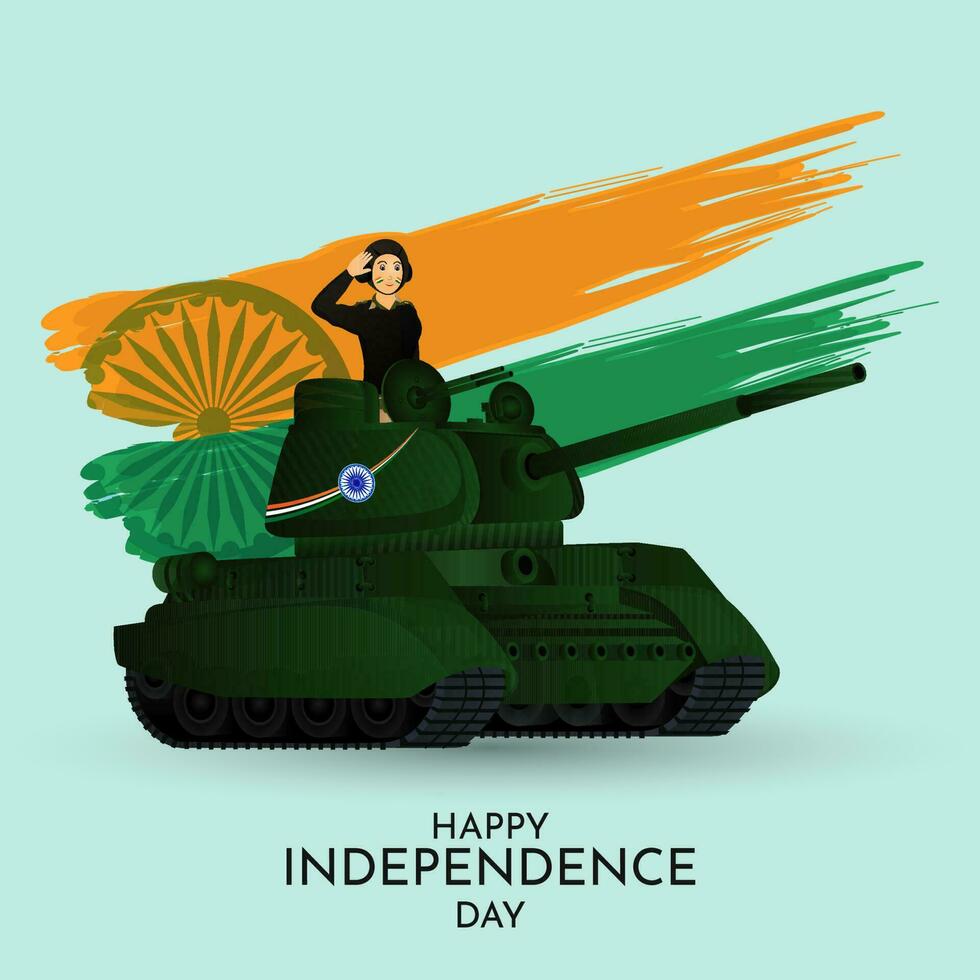 saludando Ejército oficial en militar tanque, ashoka rueda con azafrán y verde cepillo carrera color para contento independencia día celebracion concepto. vector