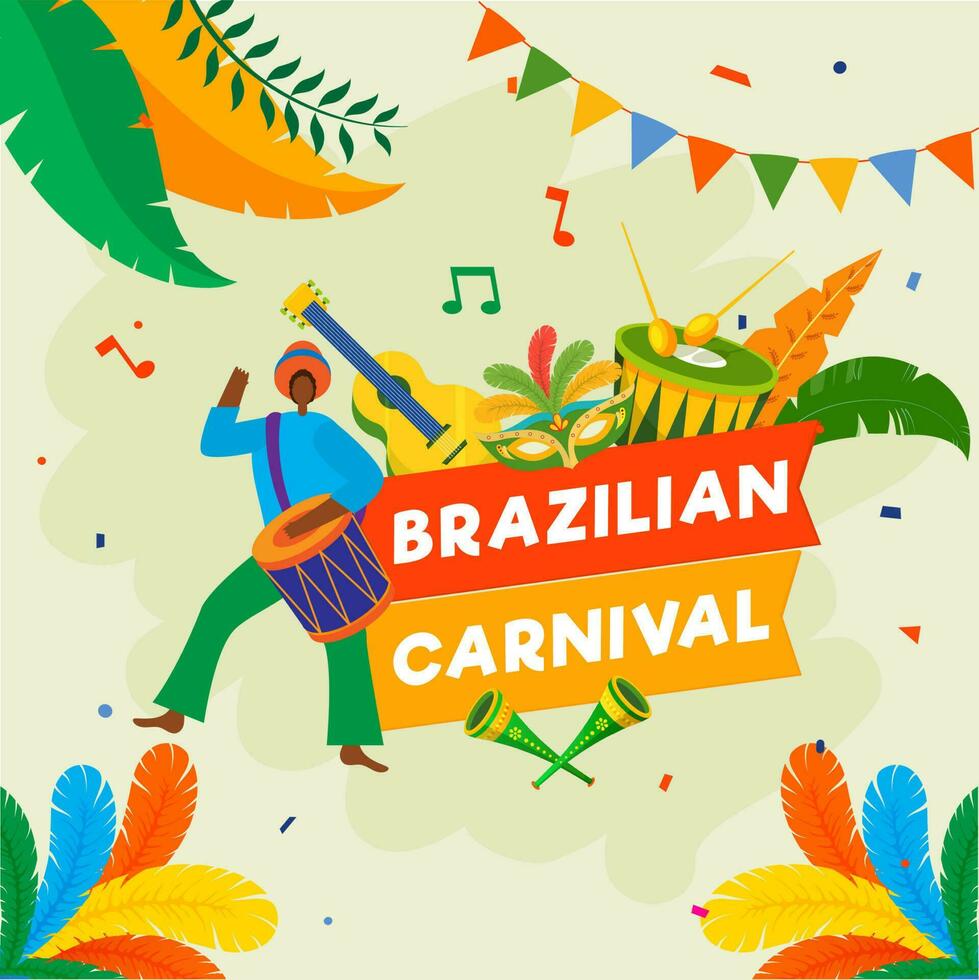 Cartoon Man Playing Drum with Music Instruments and Colorful Feathers on Yellow Background for Brazilian Carnival Celebration. vector