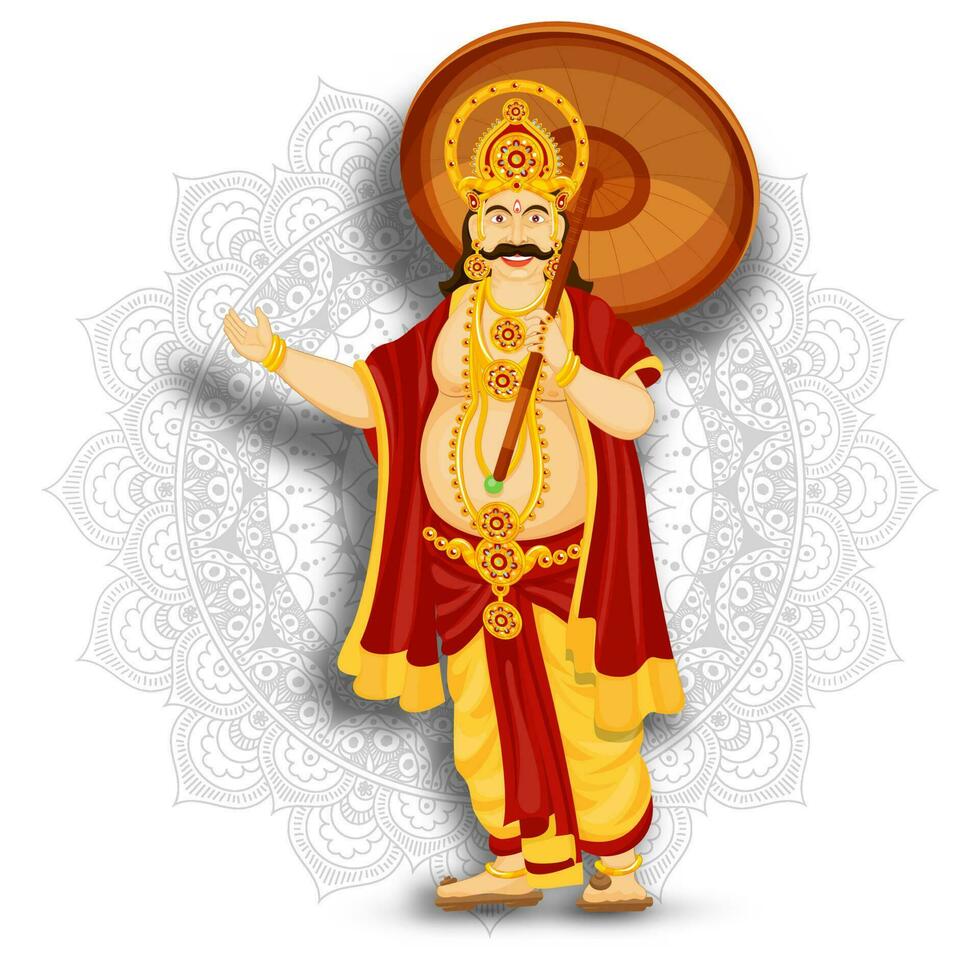 Illustration of happy King Mahabali on mandala pattern background for Happy Onam Festival. vector