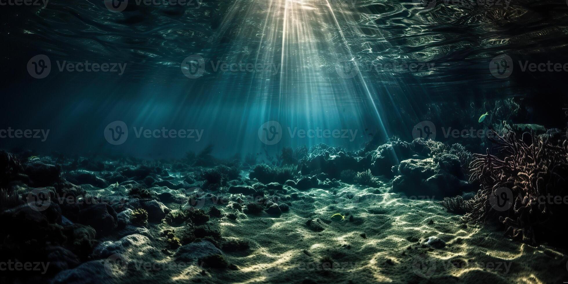 . . Photo of under sea ocean world. Marine Nautical with darm mustic mood adventure vibe. Graphic Art