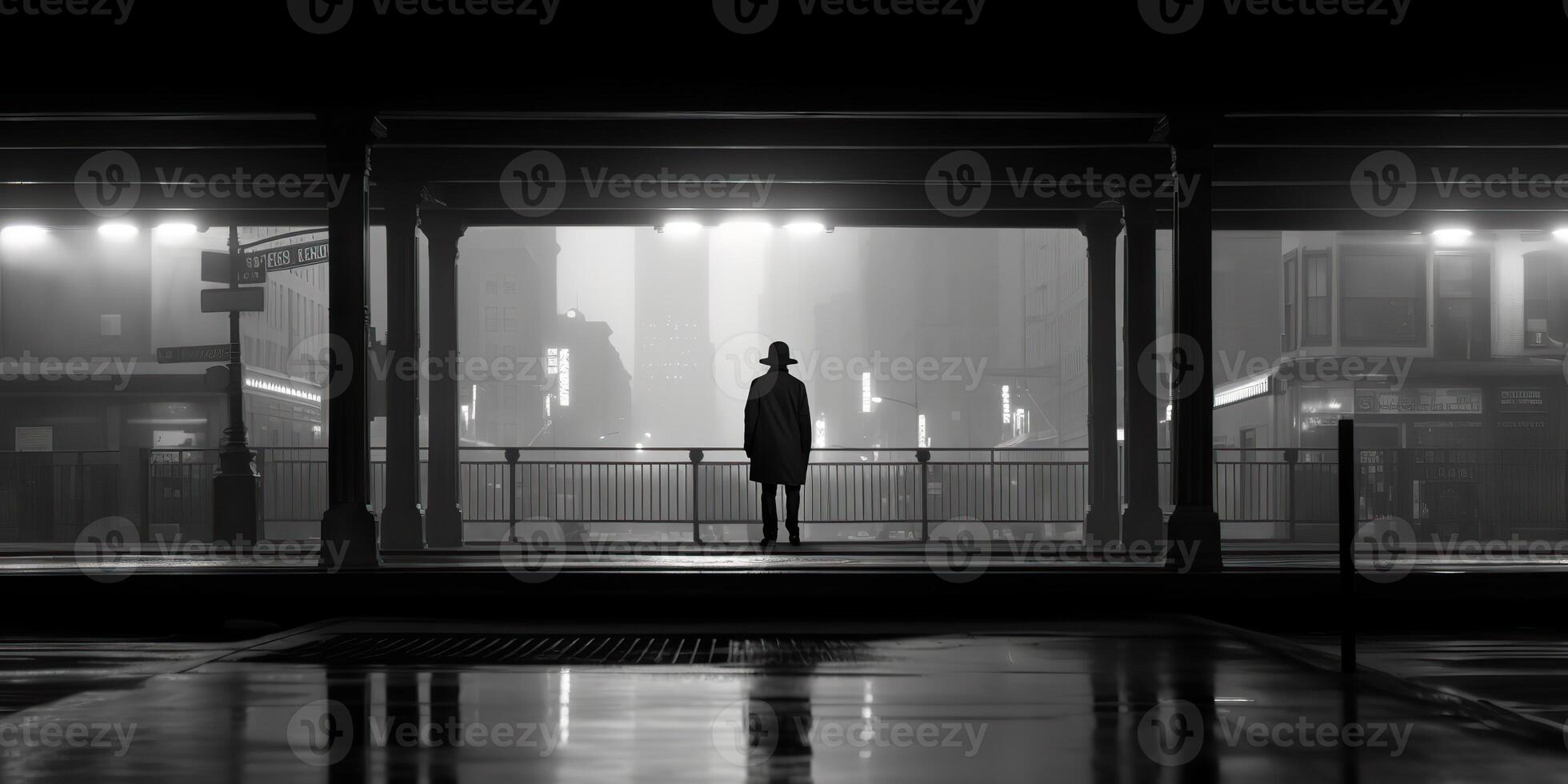 . . Monochrome black and white city urban photo realistic illustration with lonely person. Noir drama lonely vibe. Graphic Art