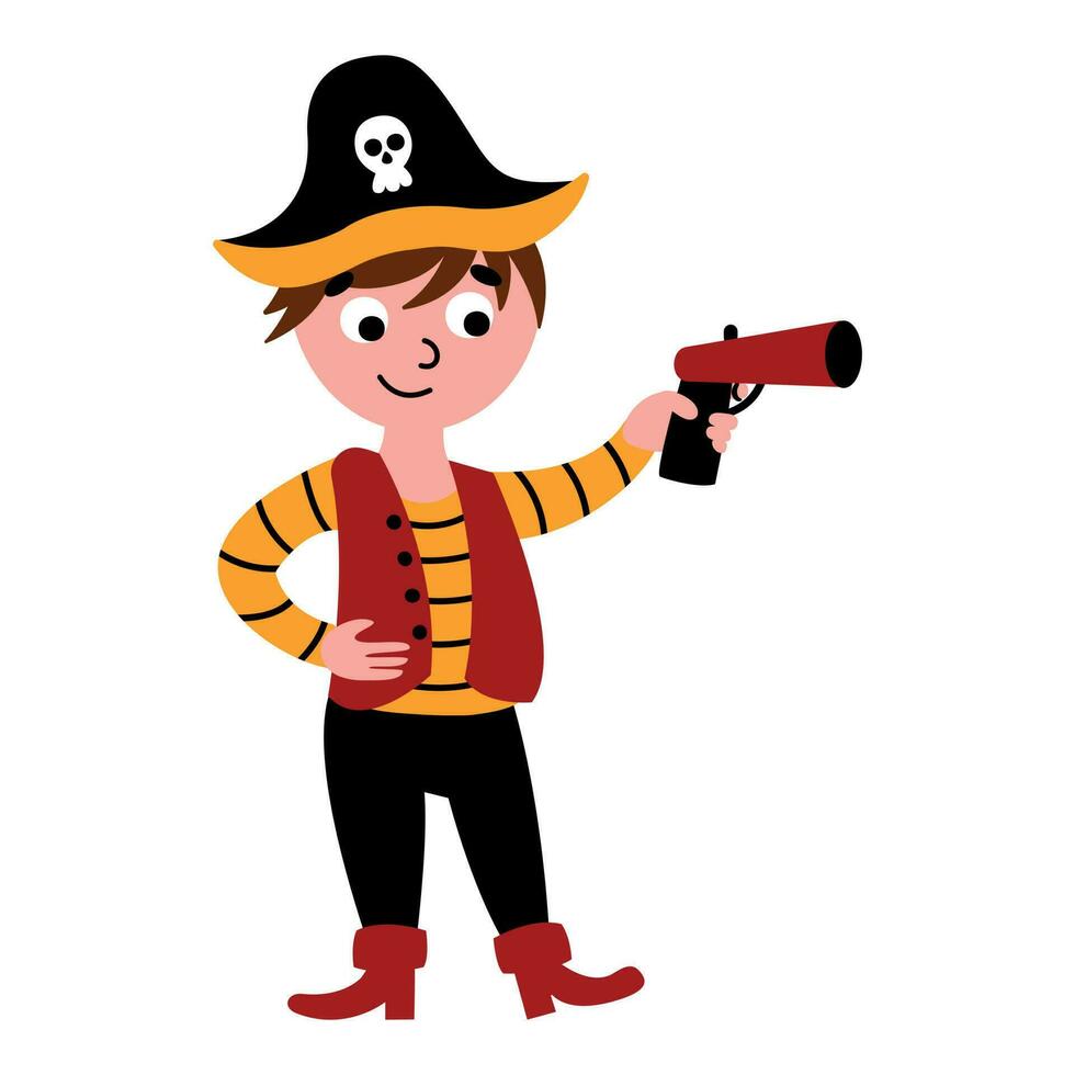 Cute hand drawn pirate with a gun in his hand. White background, isolate. vector