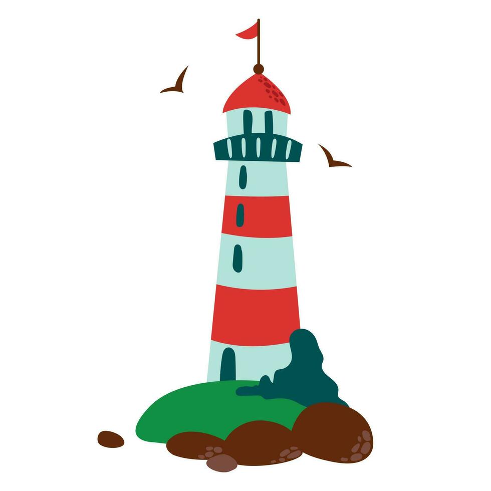 linda dibujado a mano faro con un isla de verdor, piedras y Gaviotas blanco fondo, aislar. vector