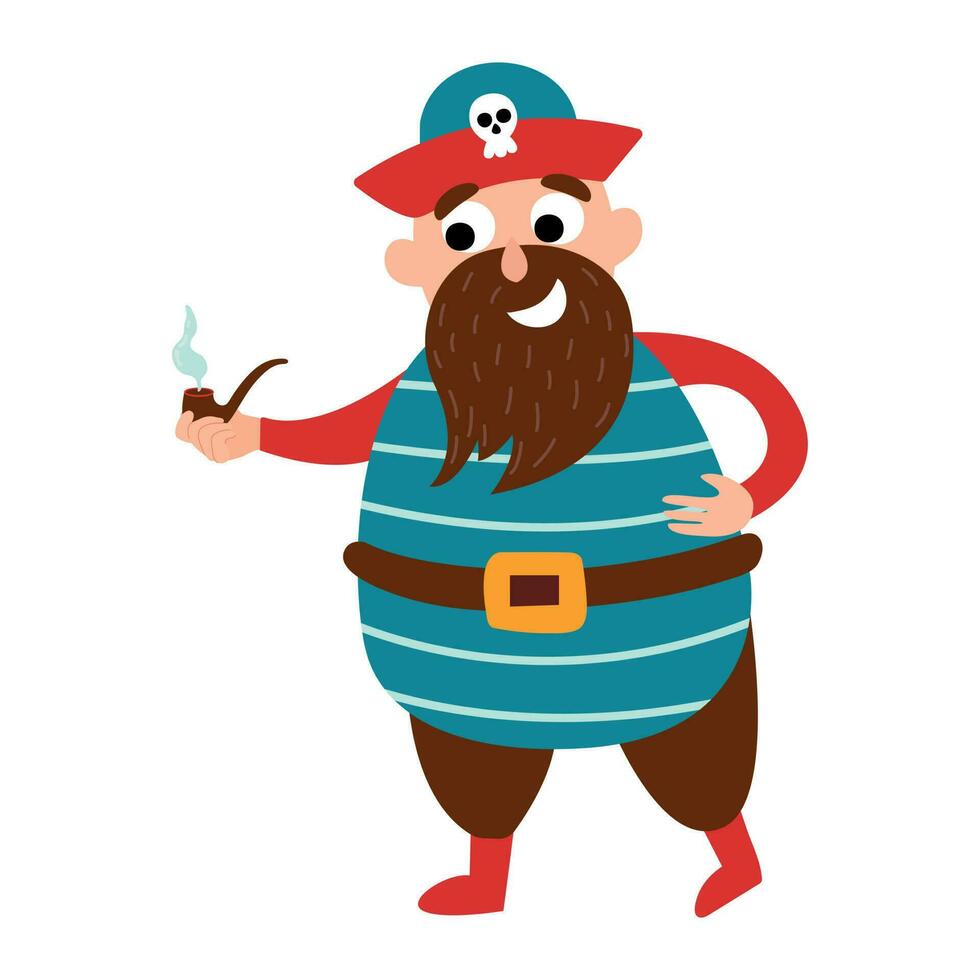 Cute hand drawn pirate with a smoking pipe in his hand. White background, isolate. vector