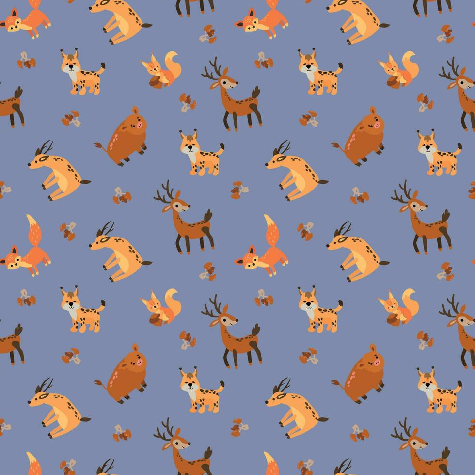 Seamless pattern with forest animals. Squirrel, wild boar, lynx, deer, roe deer. Design for fabric, textile, wallpaper, packaging. vector