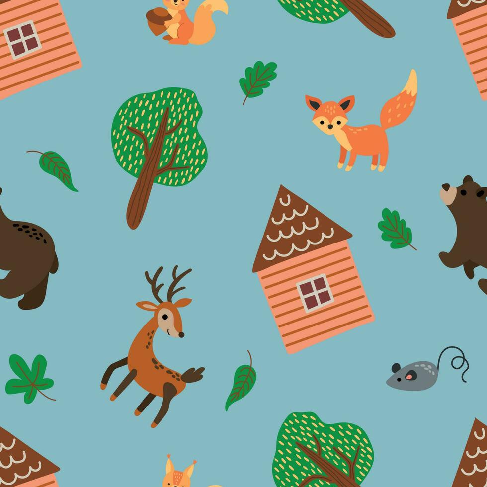 Seamless pattern with forest hut, animals and trees. Design for fabric, textile, wallpaper, packaging. vector