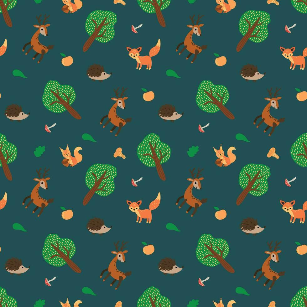 Seamless pattern with forest animals. Fox, deer, hedgehog, squirrel. Design for fabric, textile, wallpaper, packaging. vector