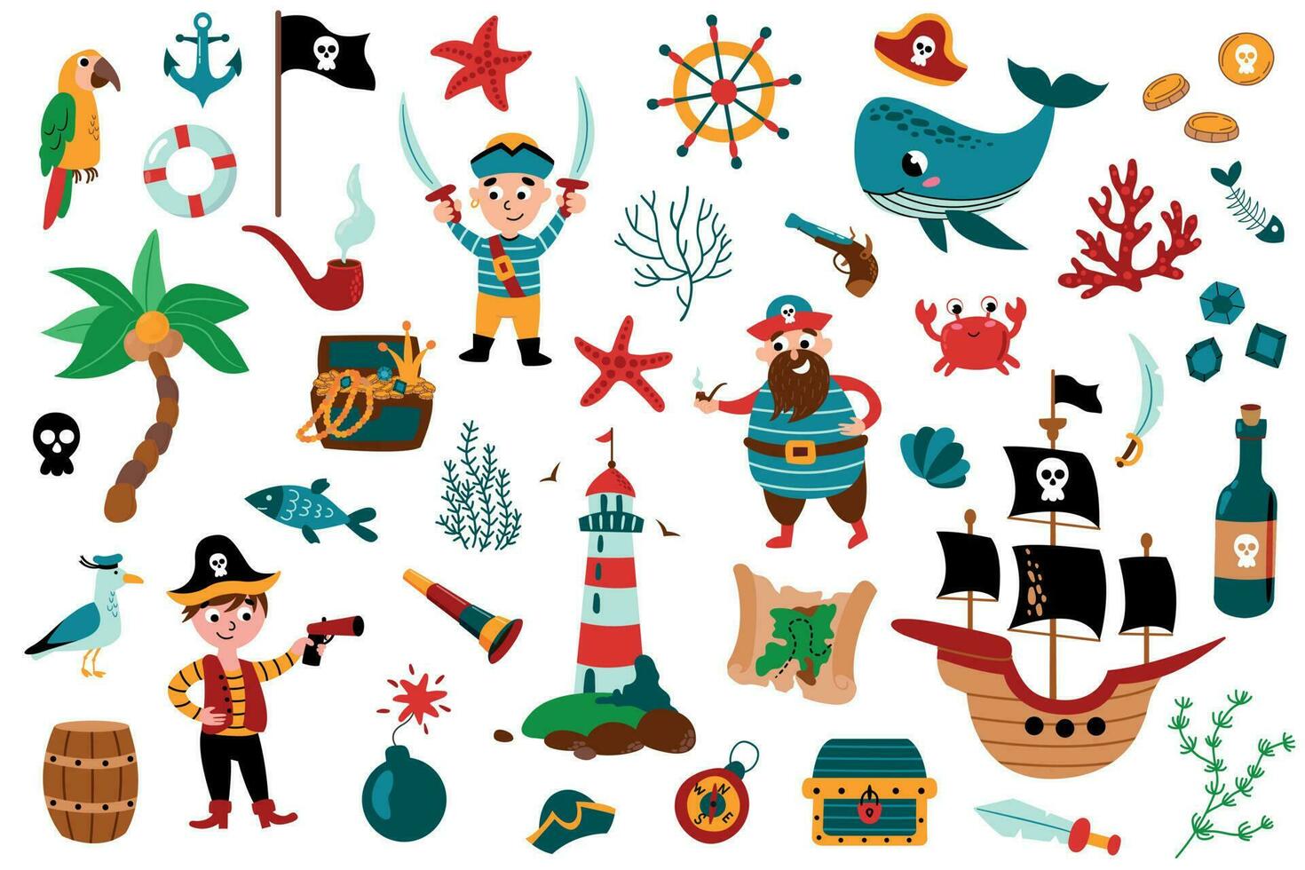 pirata colocar. pirata fiesta para jardín de infancia aventuras tesoro piratas vector