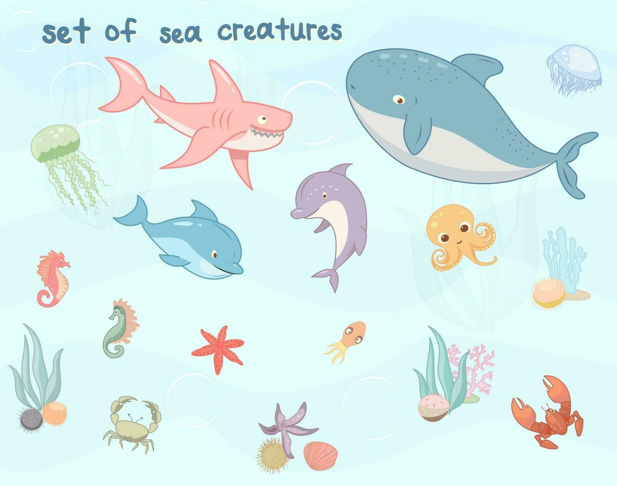 Set of cute sea creatures, marine animals including Crab, Jellyfish, Octopus, Dolphin, Shark, Sea dragon, Seashell, Lobster, Starfish, Coral, Whales, Lobster vector