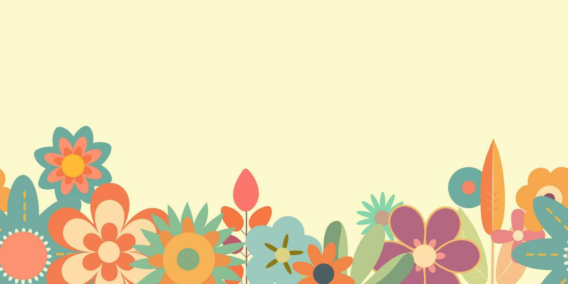 Border with groovy hippie retro flowers in flat style. Seamless vector