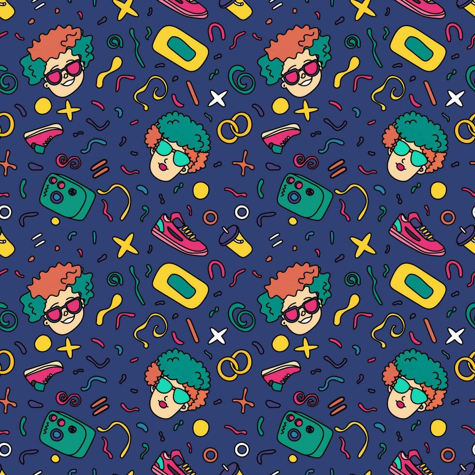 Y2k seamless pattern.  Trendy 90s and 80s seamless pattern with heads, sneakers and cool objects. Retro style background vector