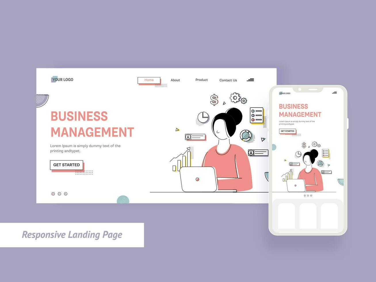 Responsive Landing Pages with Web and Mobile Presentation. vector