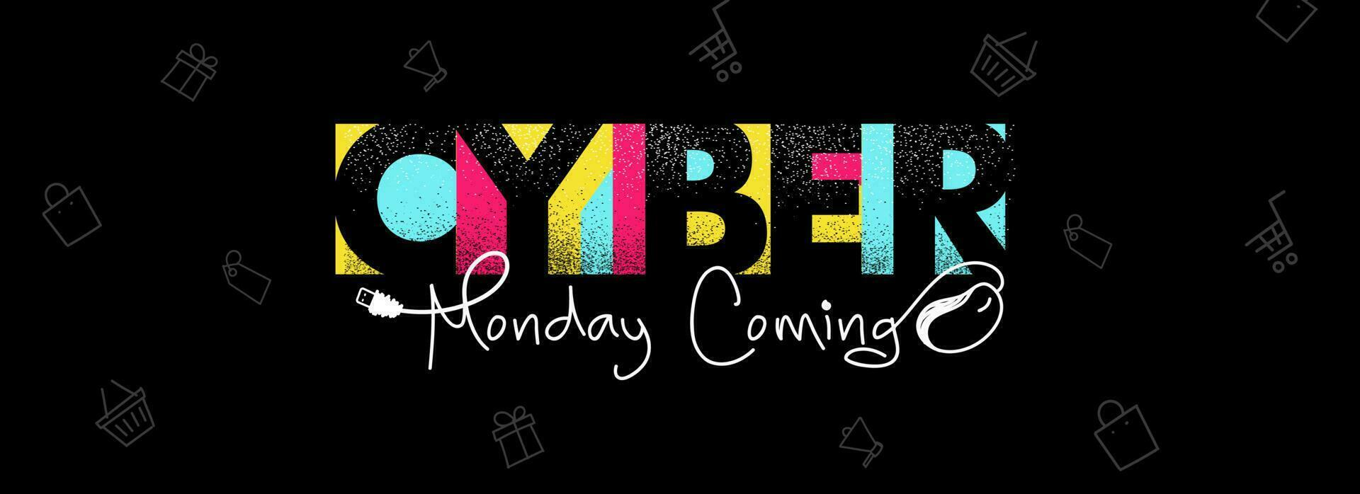 Colorful stylish text Cyber Monday Coming with wired mouse illustration on black shopping pattern background for Advertising concept. vector