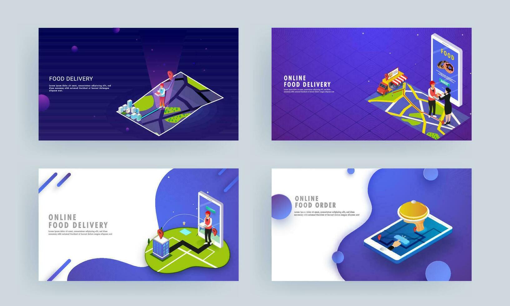 Set of Responsive landing page design with online food order or delivery service app in smartphone. vector